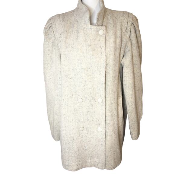 Vintage Mariel Wool Blend Coat 12 Ivory 80s Puff Sleeve Double Breasted USA Made - Picture 9 of 14